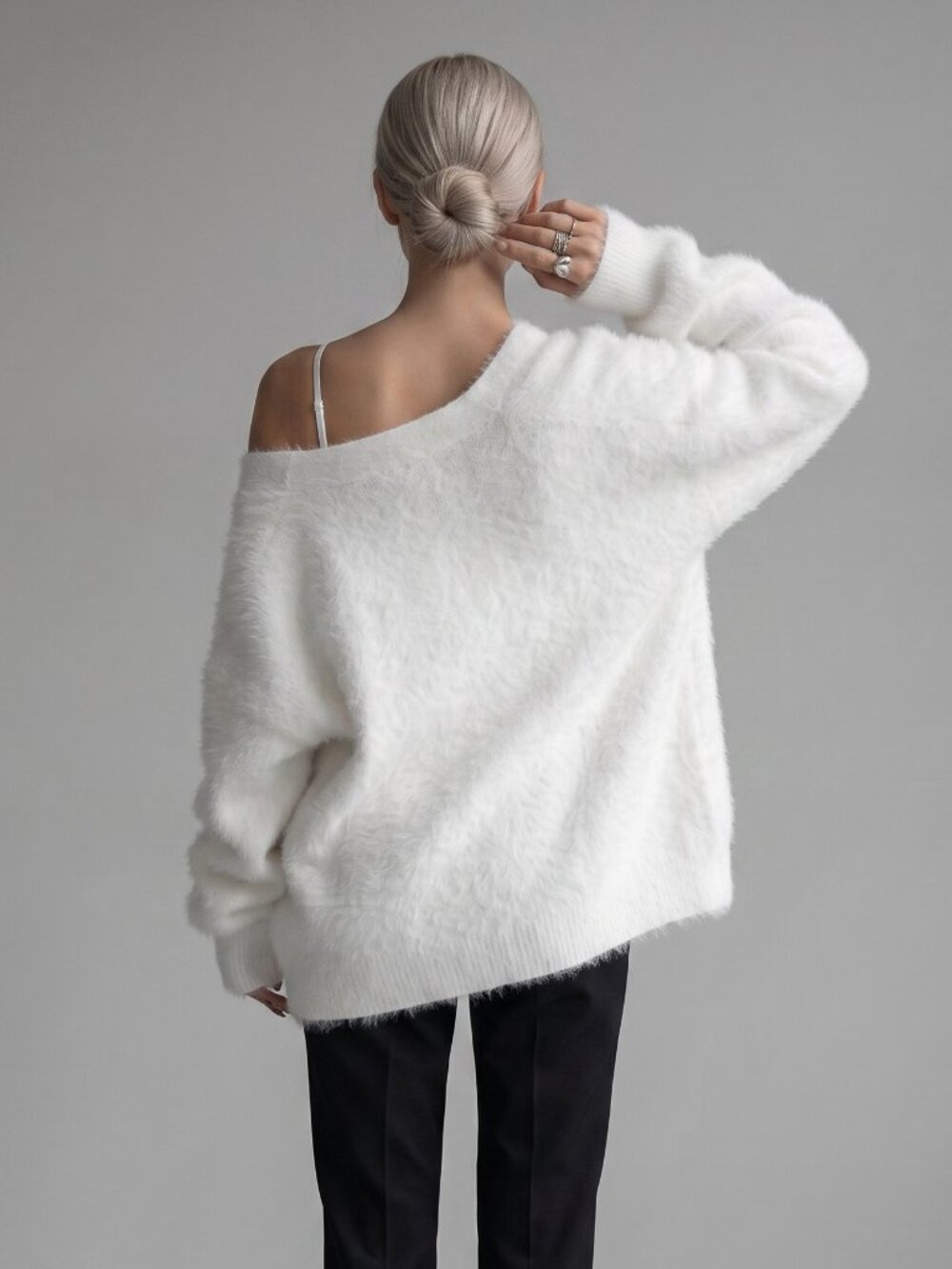 Women's White Fuzzy Knit Cardigan Oversized Drop Shoulder Button Front Sweater - Picture 2 of 4